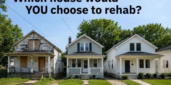 Three houses in a row, one rundown, two in good condition, asking which to rehab.