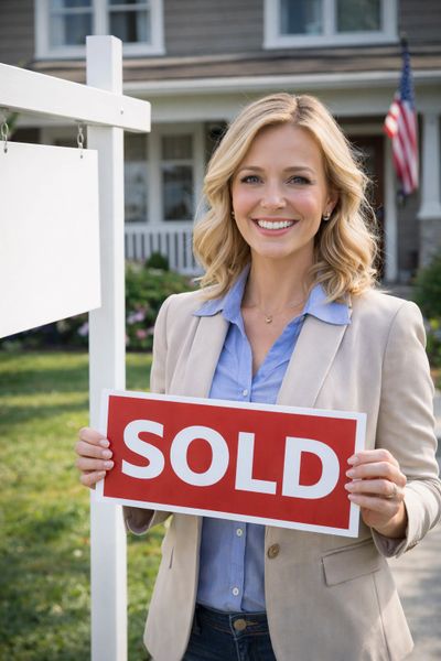 Smiling woman holding a red "SOLD" sign in front of a house.