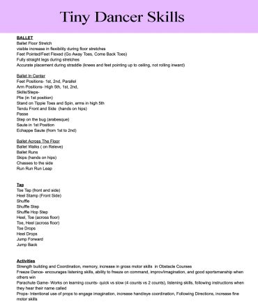 A detailed list of tiny dancer skills for ballet, ballet in center, ballet across the floor, tap, and activities.