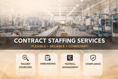 Contract staffing services offering talent sourcing, onboarding, payroll management, and compliance solutions.