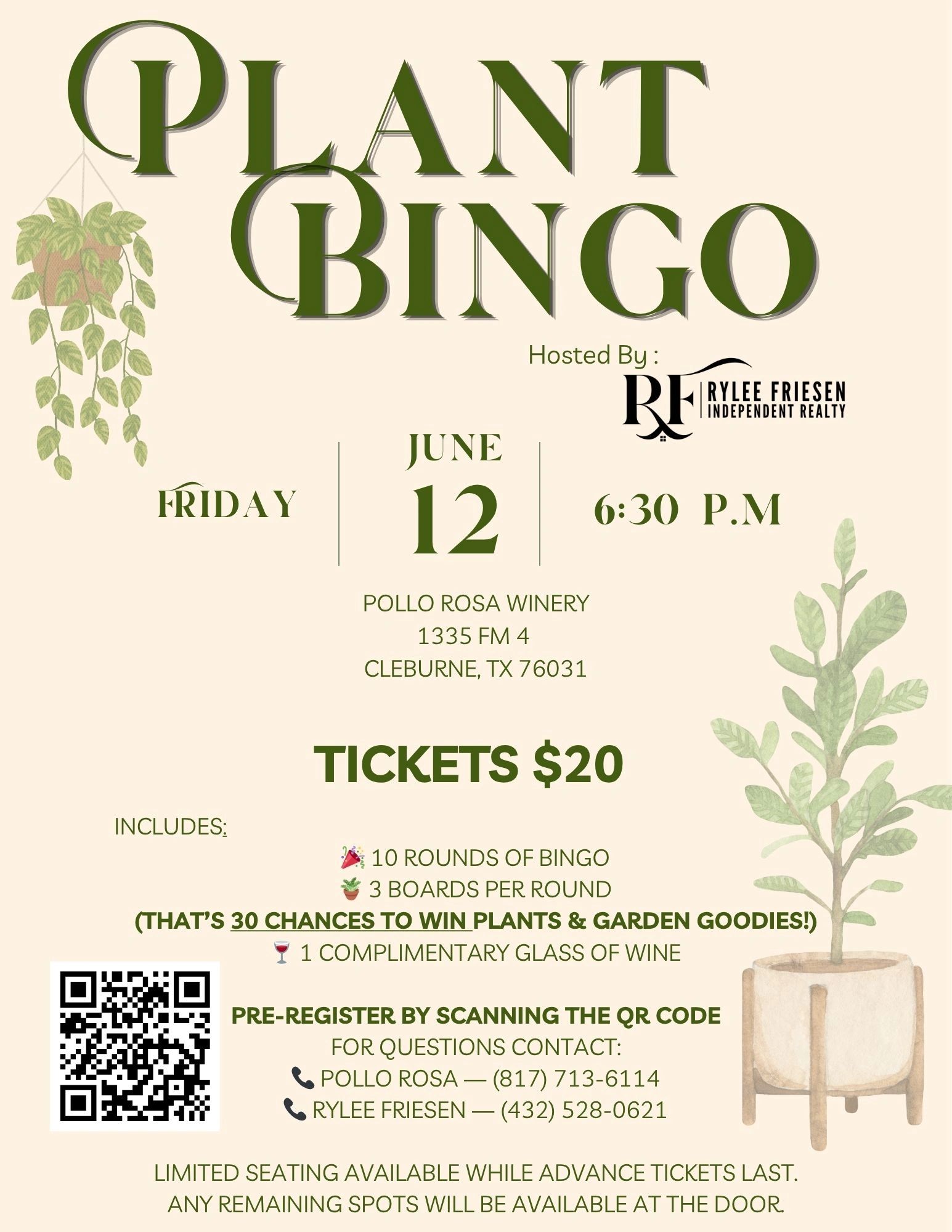 Plant Bingo event on June 12 at Pollo Rosa Winery in Cleburne, TX, tickets $20.