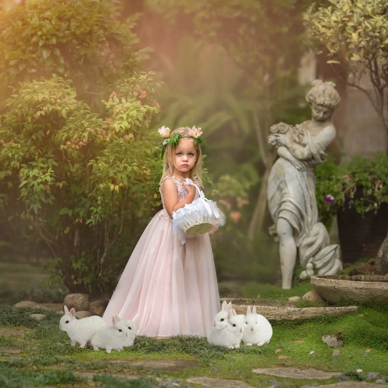 Flower girl dressed in a pink dress with bunnies surrounding her.