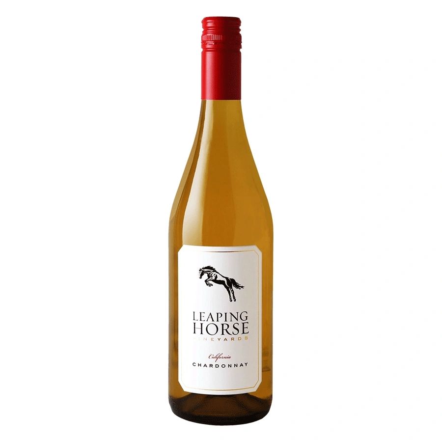 Bottle of Leaping Horse Chardonnay wine with red cap.