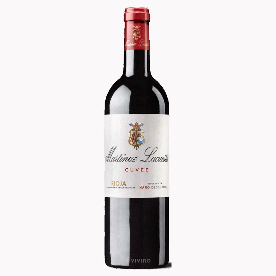 Bottle of Martínez Lacuesta Cuvée Rioja red wine with a red foil top.
