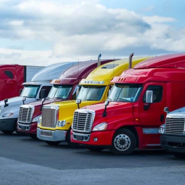 A lineup of colorful semi-trucks parked side by side under a cloudy sky.