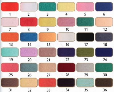 A color swatch chart with 36 numbered fabric samples in various colors.