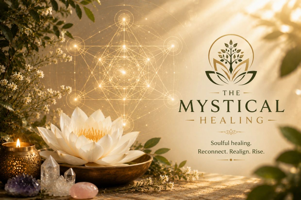 A serene setup with a lotus, crystals, candle, and mystical healing theme.