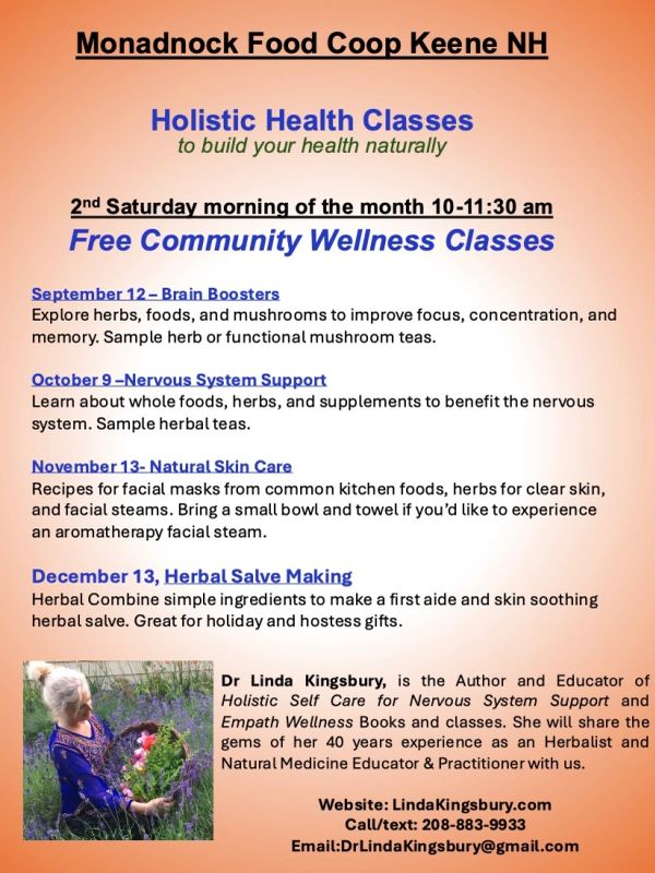 Flyer for Monadnock Food Coop's free holistic health classes in Keene, NH.