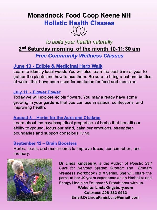 Flyer for Monadnock Food Coop's free holistic health classes in Keene NH.