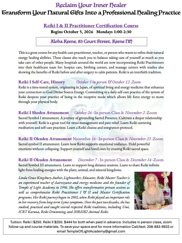 Flyer for Reiki I &amp; II Practitioner Certification Course starting October 2026 in Keene, NH.