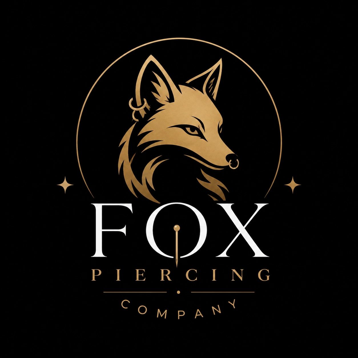 Elegant fox logo with piercing details in gold and white on black background.