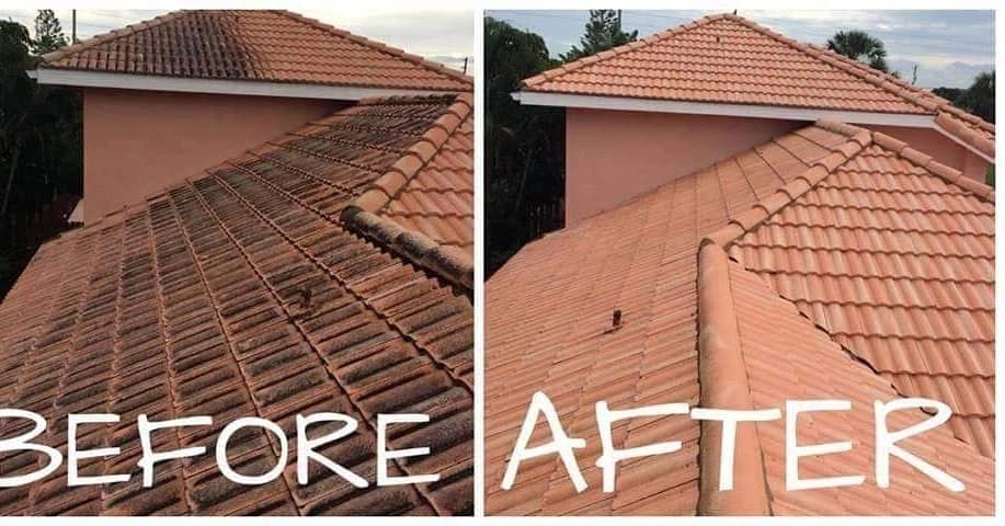 Side-by-side comparison of a roof before and after cleaning.