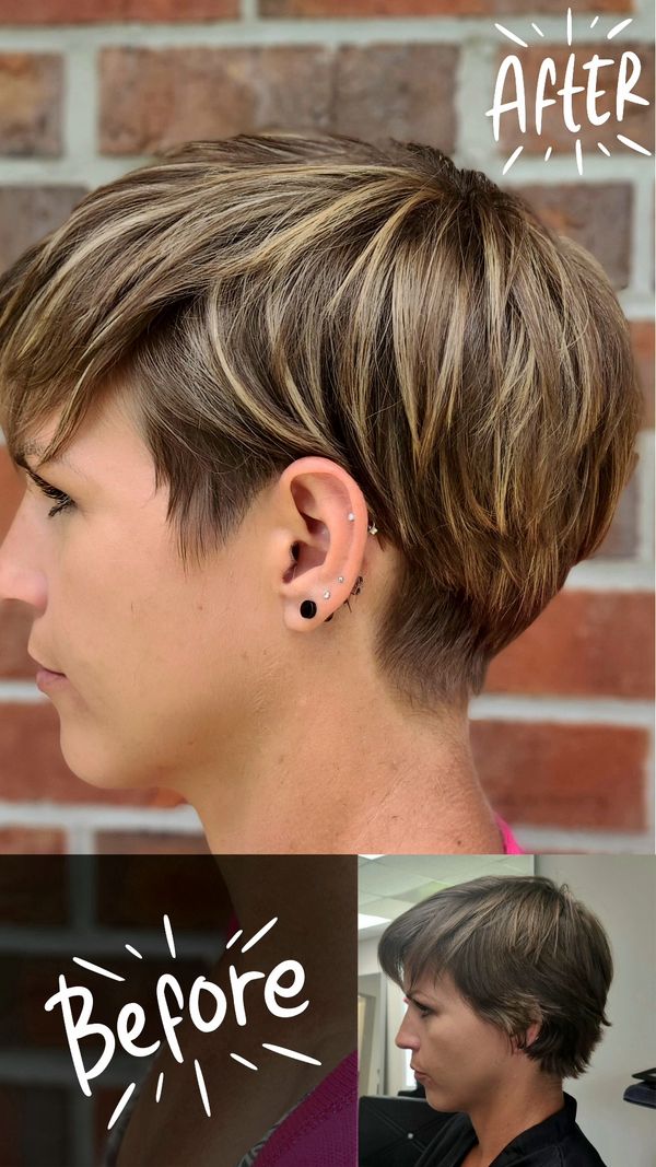 before and after of pixie cut and color