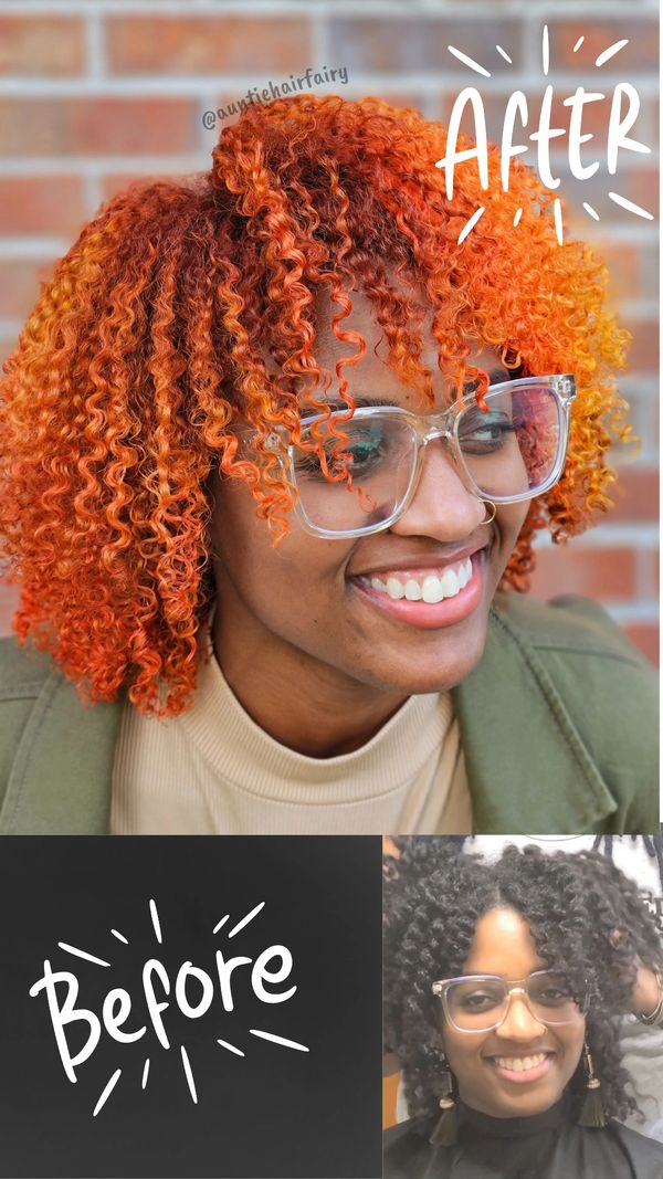 vivid haircolor and haircut on naturally curly hair