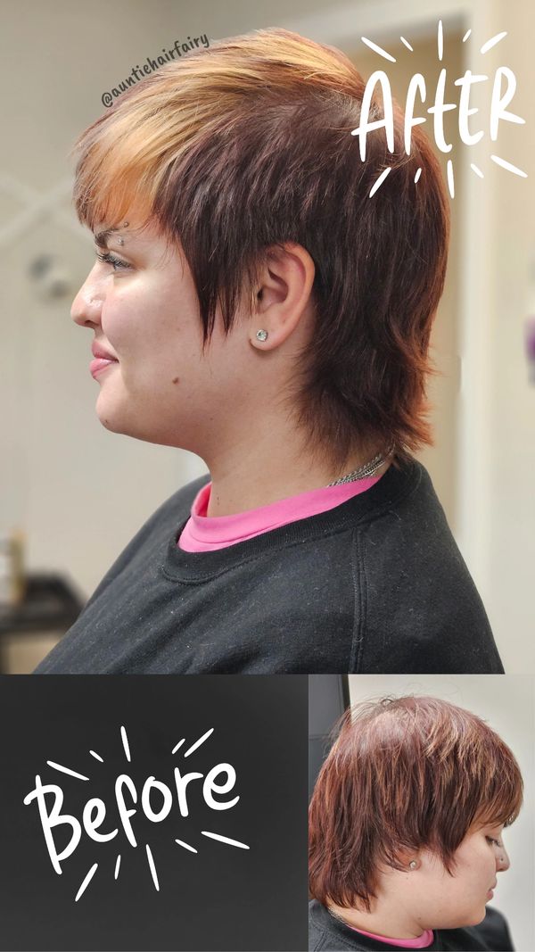shaggy mullett haircut featuring a block color technique before and after photo