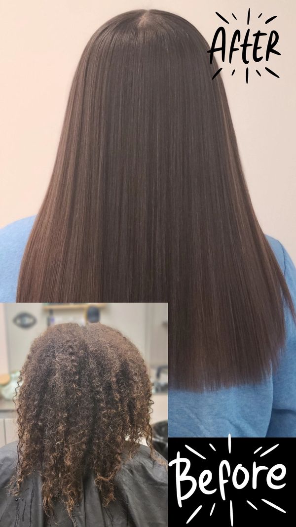 Before and after of frizzy hair with keratin treatment at Peachtree City hair salon