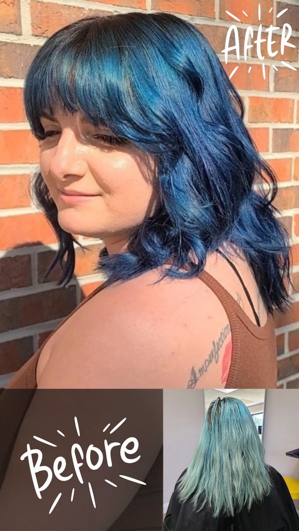  before and after of woman with blue hair glancing over shoulder