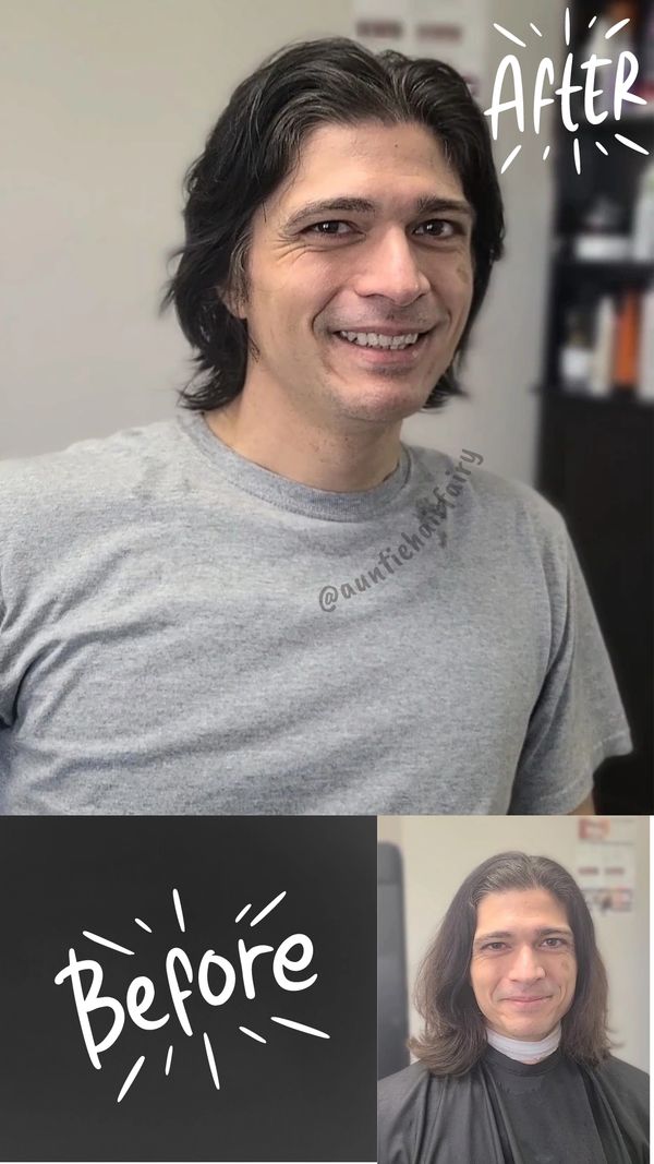 Man with fresh razor cut on long hair before and after