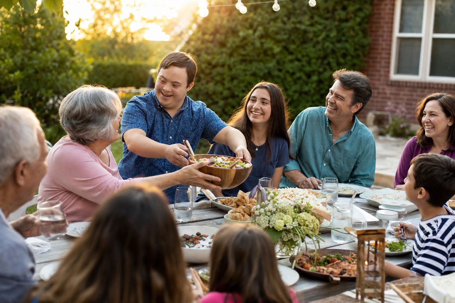 A multigenerational family sharing dinner