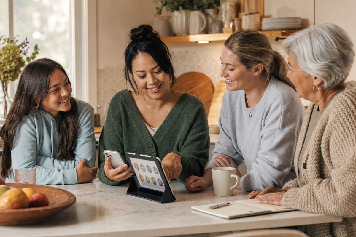 Three women organizing personal Groups together on a tablet