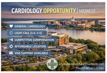 Cardiology job opportunity in Midwest with competitive pay and visa support.