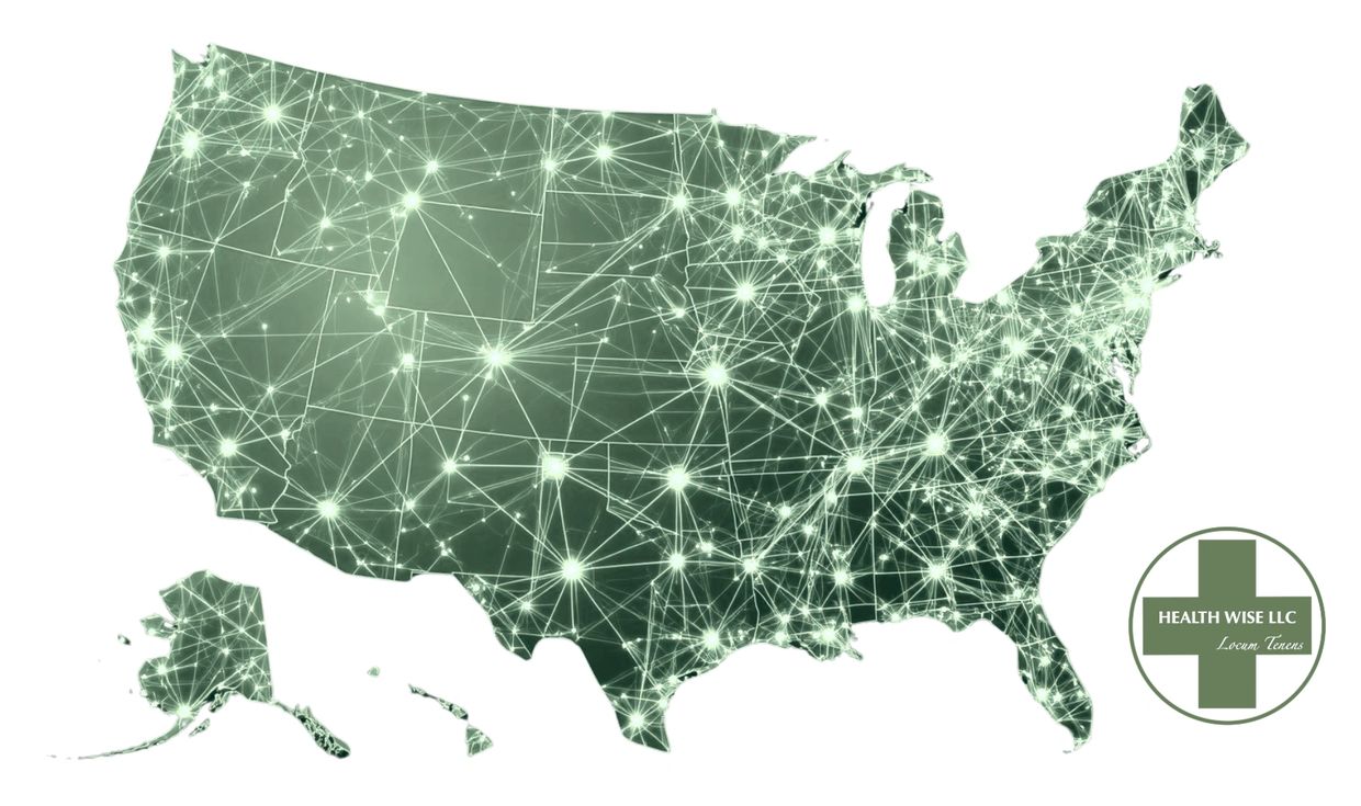 Illuminated network map of the USA with Health Wise LLC logo.