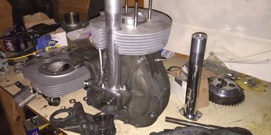 Norton Manx engine being rebuilt.