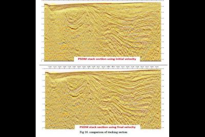 PSDM stack with initial (top) and final (bottom) velocity model: better continuity