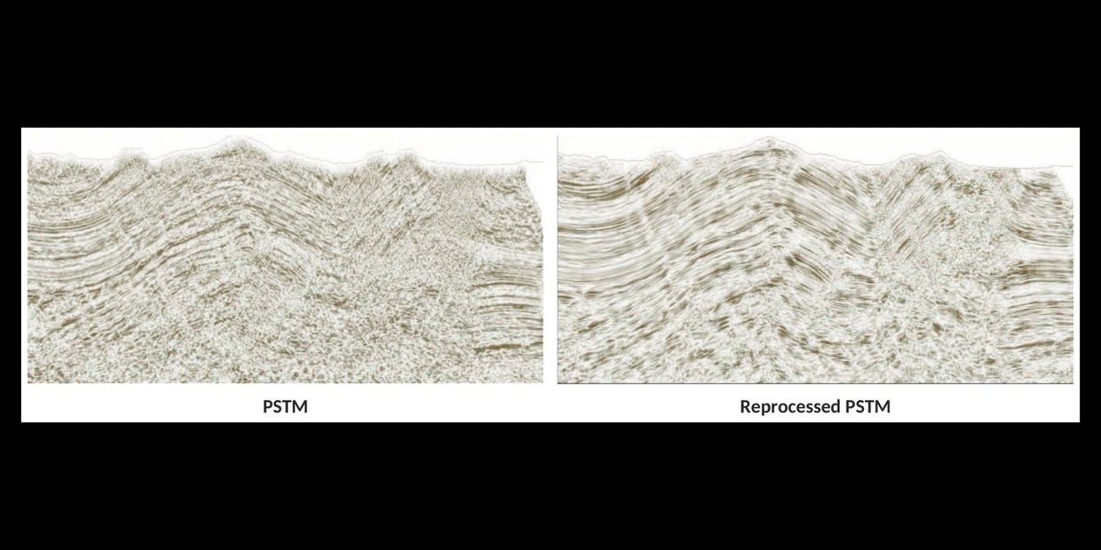 Original PSTM next to BFI reprocessed PSTM of the same line