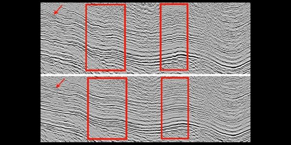 Sísmica 2D terrestre antes (arriba) y después (abajo) de correcciones estáticas tomográficas