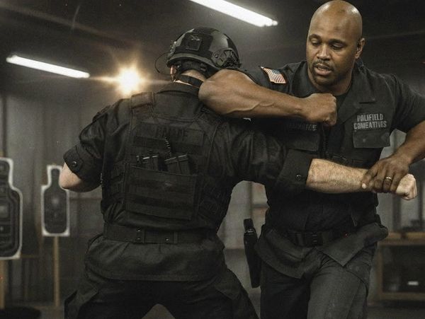 Two tactical officers practicing close combat techniques indoors.