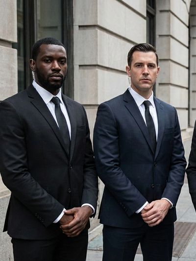 Two serious men in black suits standing formally on a city street.