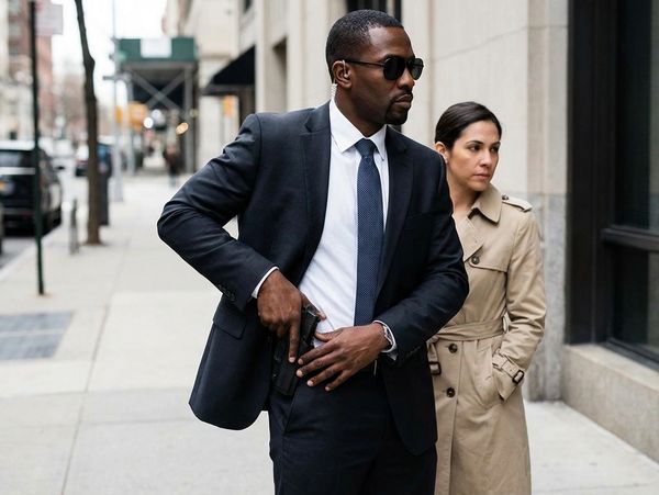 A man in a suit drawing a gun, woman in trench coat behind.