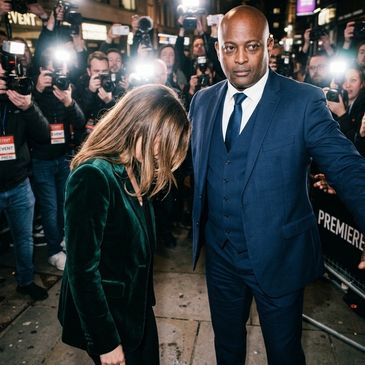 Woman in green velvet suit with security at a premiere event.