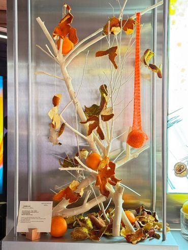 Decorative arrangement with dried orange peels on white branches.