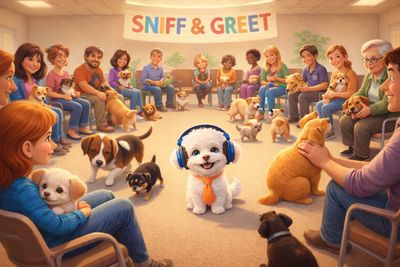 Animal Angels Foundation spokesdog Cotton a fluffy white dog is leading one of Cottons Sniff & Greet