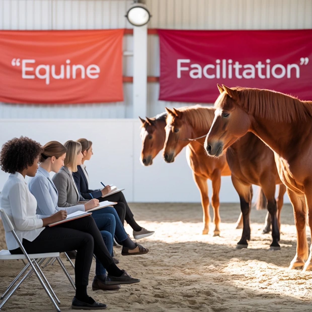 Four women observe and take notes during an equine facilitation session with three horses.