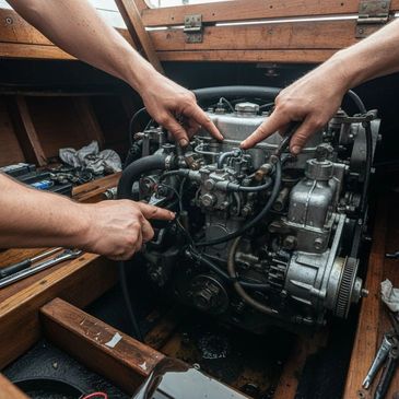 Two hands working on a boat engine inside a wooden compartment.