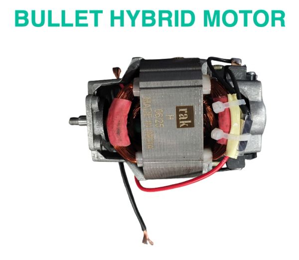 Close-up of a bullet hybrid motor with exposed copper wiring and metal casing.