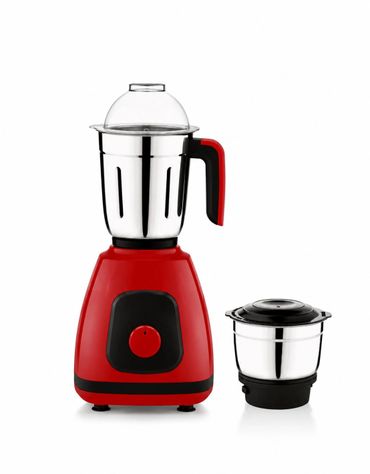 Red and black mixer grinder with two stainless steel jars.