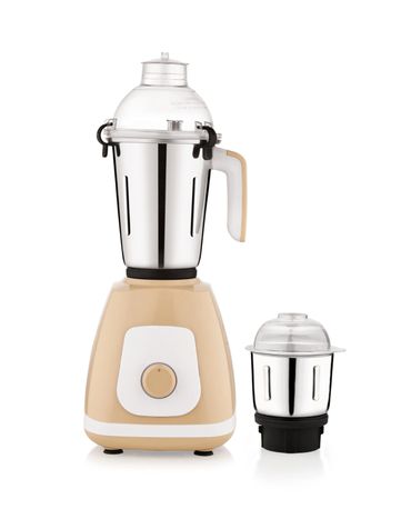 Beige and white mixer grinder with two stainless steel jars.