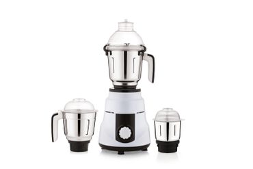 A white and silver mixer grinder with three jars of different sizes.