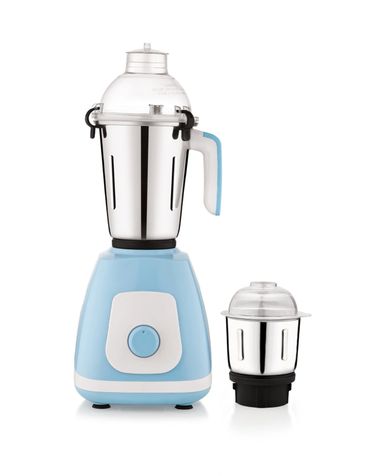 Blue and white electric mixer grinder with two jars.