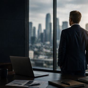 Businessman in suit looking out city office window contemplatively.