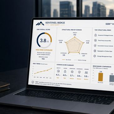 Laptop screen showing a detailed cybersecurity risk assessment dashboard.
