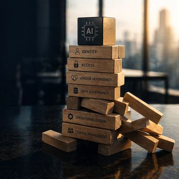 Stacked wooden blocks with AI and tech-related terms, some collapsing.