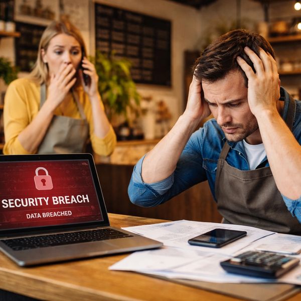 Two worried people face a security breach alert on a laptop in a cozy cafe setting.