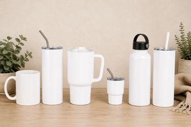 Various white drinkware on a wooden surface.