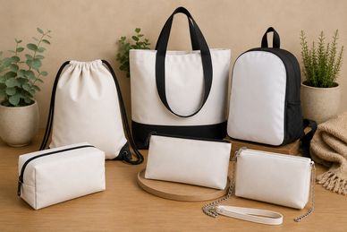 Set of white and black bags and pouches on a wooden surface.