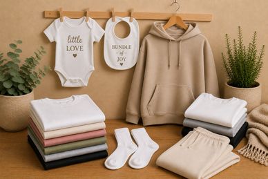 Neutral-colored baby and adult clothing neatly arranged.